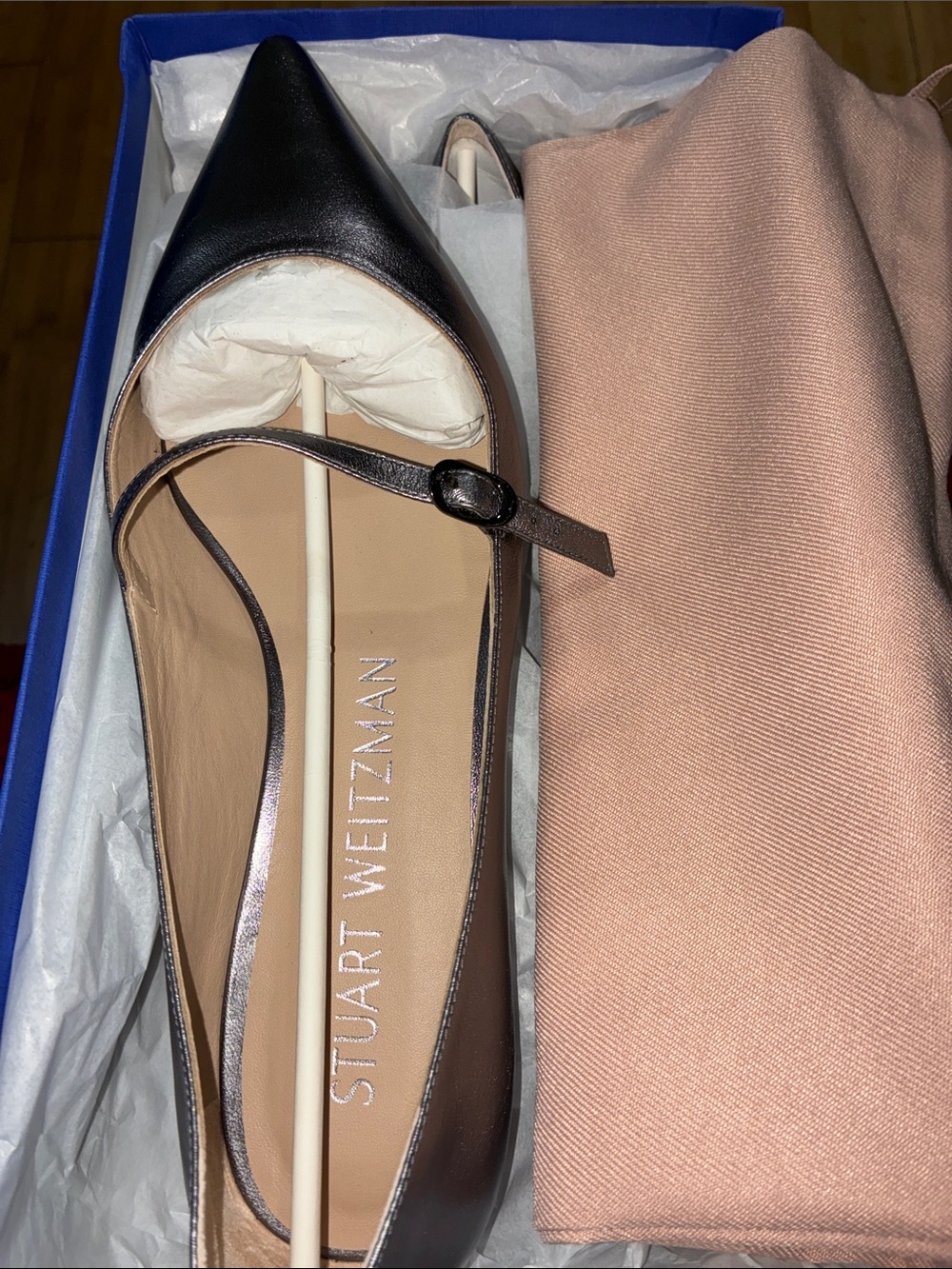 Stuart Weitzman Silver Pointed Mary Jane Flats